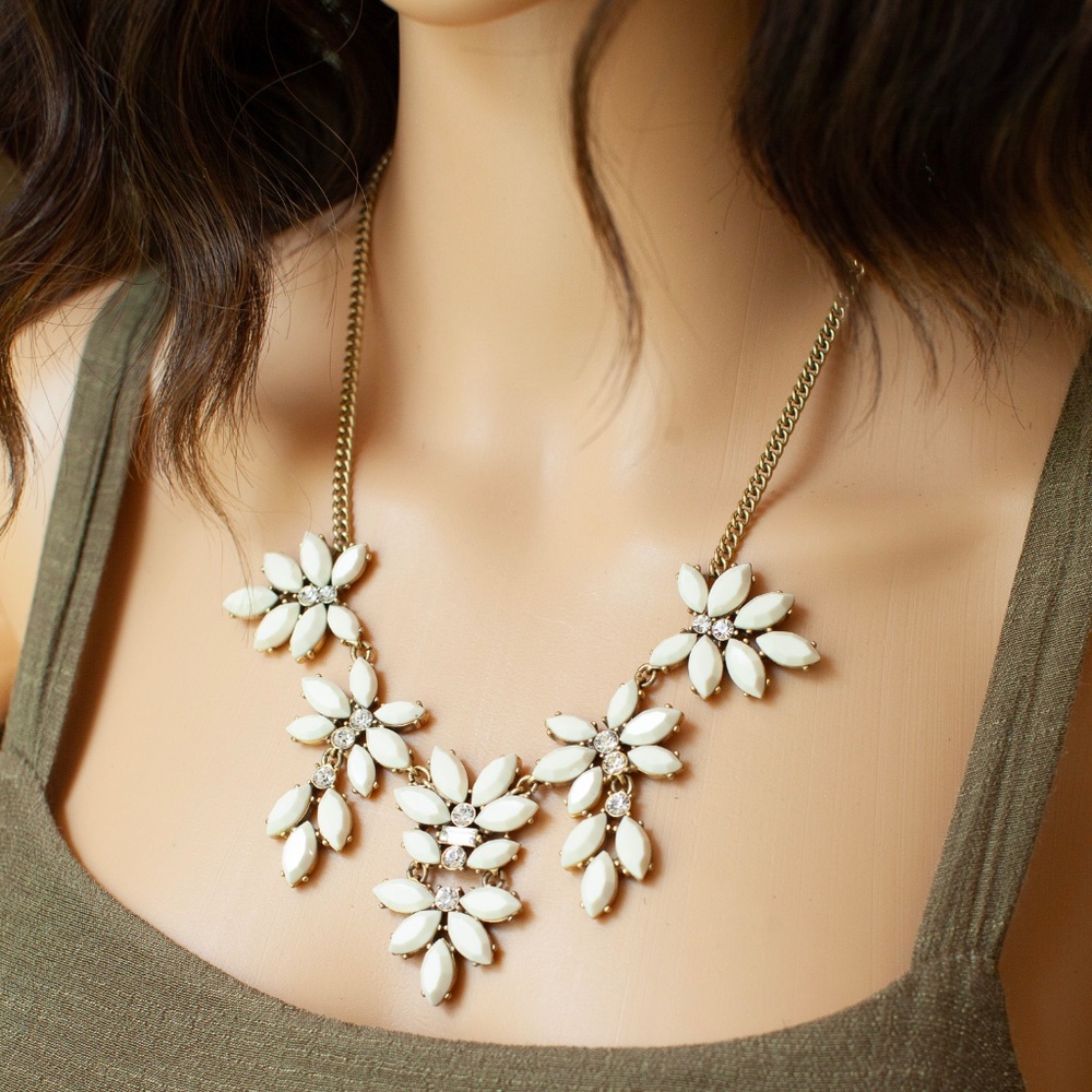 J.Crew Ivory Marquise Crystal Petal Statement Necklace Clear Rhinestone